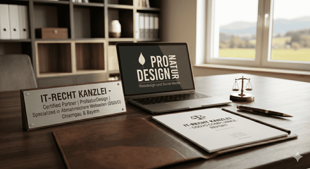 Ein moderner Schreibtisch mit dem ProNaturDesign-Logo auf einem MacBook und einem Partnerschild der IT-Recht Kanzlei für abmahnsichere Webseiten im Chiemgau.