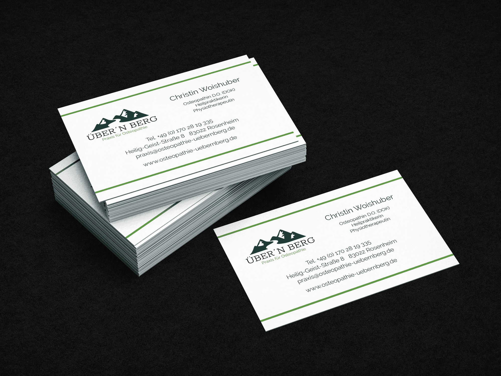 Visitenkarten Design Rosenheim für Osteopathie mit klarem Logo und beruhigendem Design.